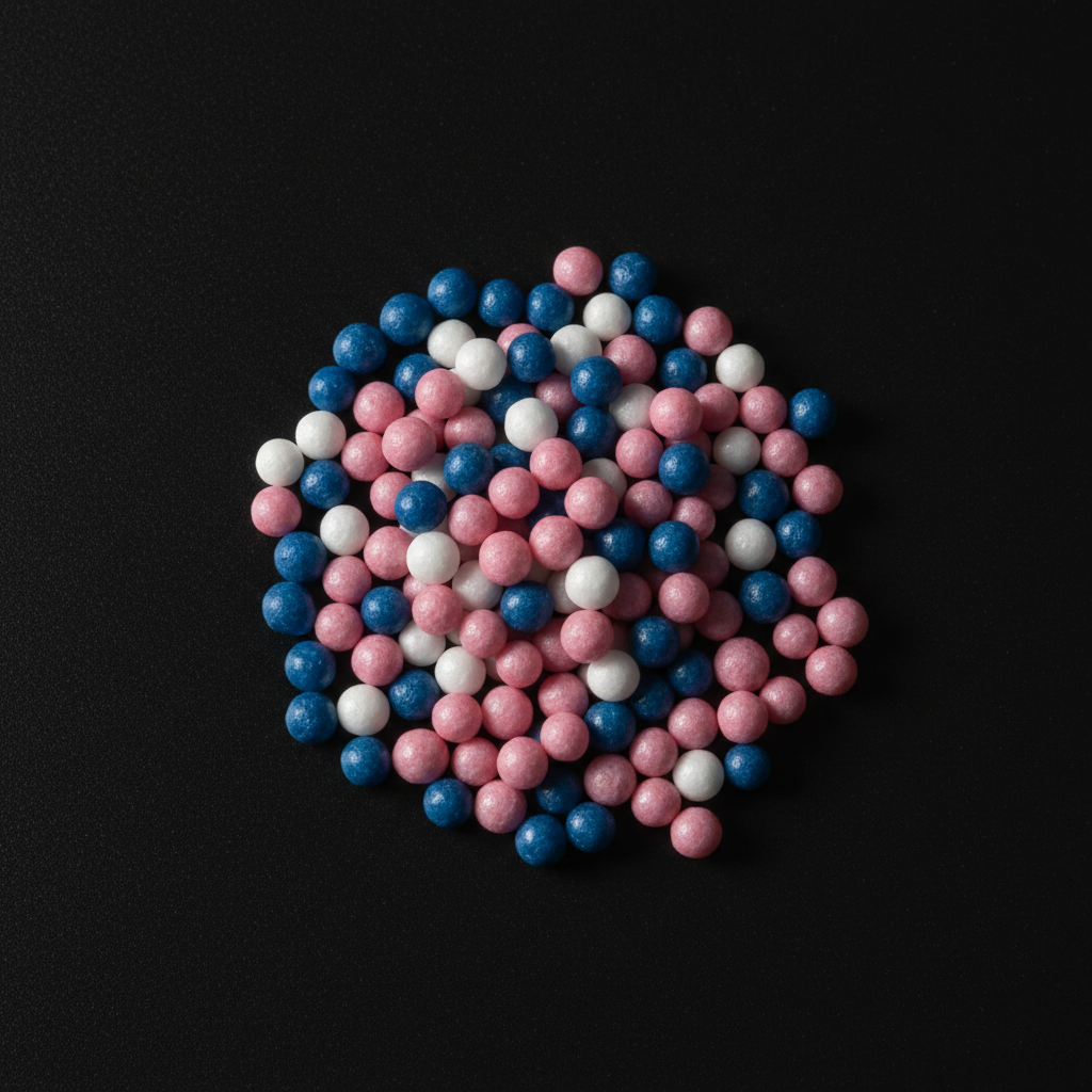A high-resolution photographic image of multi-colored NPK compound fertilizer granules, featuring blue, white, and pink spherical pellets scattered across a matte black background. Each pellet is sharply defined, showing smooth, slightly glossy surfaces and subtle variations in size. A few granules are arranged in a small mound at the center, with others gradually dispersing toward the edges of the frame. Soft, directional studio lighting from the upper left creates delicate highlights and gentle shadows, enhancing depth and texture. Shot from directly above with a tight crop, the composition is minimal yet visually striking, communicating product variety, precision formulation, and premium quality for international buyers.