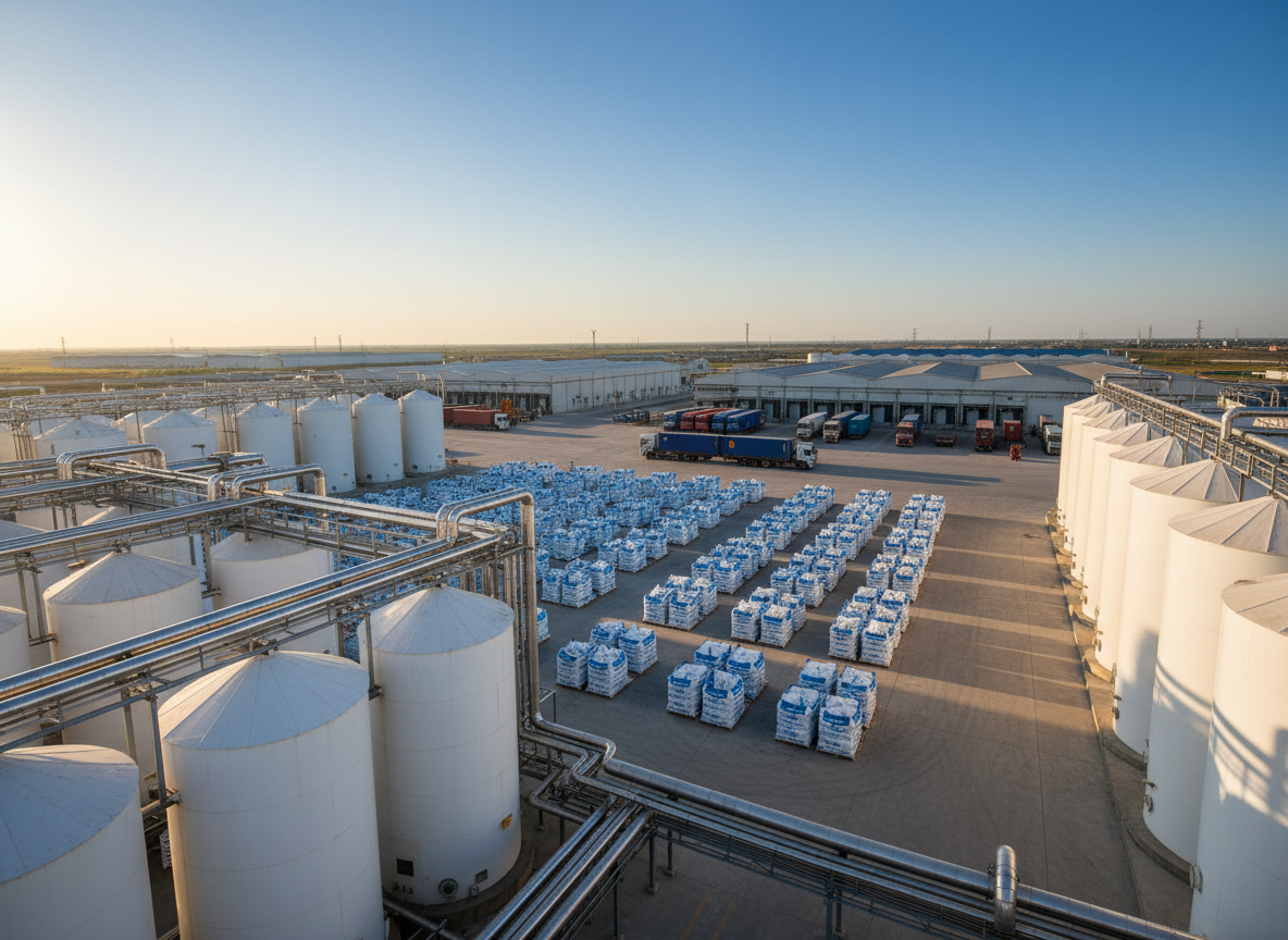 A panoramic view of a modern nitrogen and compound fertilizer production plant, with clean white storage silos, silver stainless-steel pipelines, and neatly aligned blue-labeled urea bulk bags stacked on wooden pallets in the foreground. The facility sits under a clear late-afternoon sky, with soft golden sunlight reflecting off metallic surfaces and casting crisp shadows across a wide concrete yard. In the distance, container-ready loading bays and orderly warehouses emphasize large-scale export capability. Photographic realism, shot from a slightly elevated, wide-angle perspective with sharp focus throughout, creating a professional, trustworthy, and globally oriented atmosphere suitable for an international fertilizer trade website.