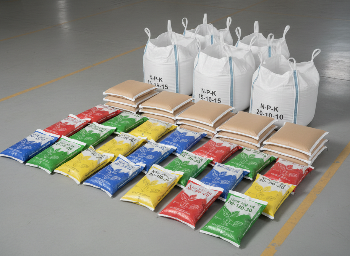 A neatly arranged array of fertilizer packaging for export, including large white-toned woven polypropylene bulk bags with reinforced loops, medium-sized laminated kraft paper bags, and smaller colorful plastic-coated retail bags labeled for NPK compound fertilizer. All packages are unbranded but feature clean, generic graphics and clear nutrient ratio markings. They are placed on a polished warehouse floor with yellow safety markings faintly visible. Soft, even studio-style lighting eliminates harsh shadows, highlighting the textures of woven fabric and smooth plastic. Captured from a slightly elevated angle with balanced composition, the atmosphere is clean, orderly, and international-trade ready, reflecting a professional global supplier image.