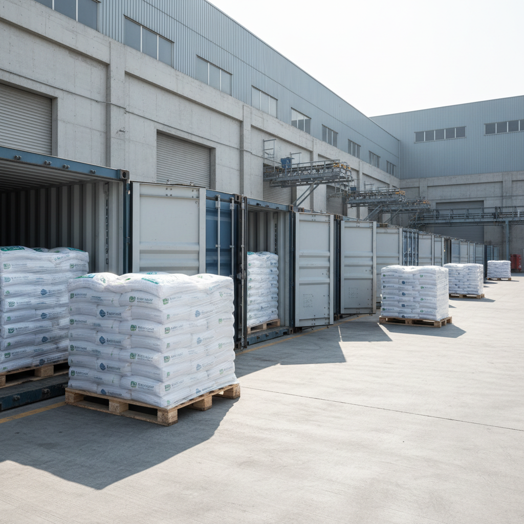 A long row of standard 20-foot and 40-foot shipping containers in neutral blue and gray colors, lined up beside a fertilizer factory loading area. Open containers reveal neatly stacked white fertilizer bags on wooden pallets, wrapped in clear stretch film for export. The scene is set under bright but slightly diffused daylight, with gentle reflections on the metal container surfaces and clear directional shadows on the concrete. Photographic realism, captured from a low, receding-angle perspective to emphasize scale and global logistics. The mood is efficient, reliable, and industrially polished, ideal for showcasing worldwide fertilizer distribution capacity without any human presence.