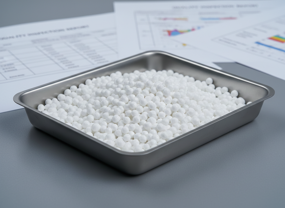 A close-up, photographic image of pristine white granular urea fertilizer poured into a shallow, clean stainless-steel tray, each granule clearly defined and uniform in size. The tray rests on a smooth, medium-gray industrial lab bench with printed quality inspection reports and blurred chemical analysis charts in the background. Cool, diffused overhead lighting illuminates the scene, creating subtle highlights on the slightly matte granules and soft shadows along the tray edges. Shot at eye level with a shallow depth of field focusing on the front layer of granules, the mood is precise, scientific, and professional, conveying strict quality control for export-grade fertilizers.