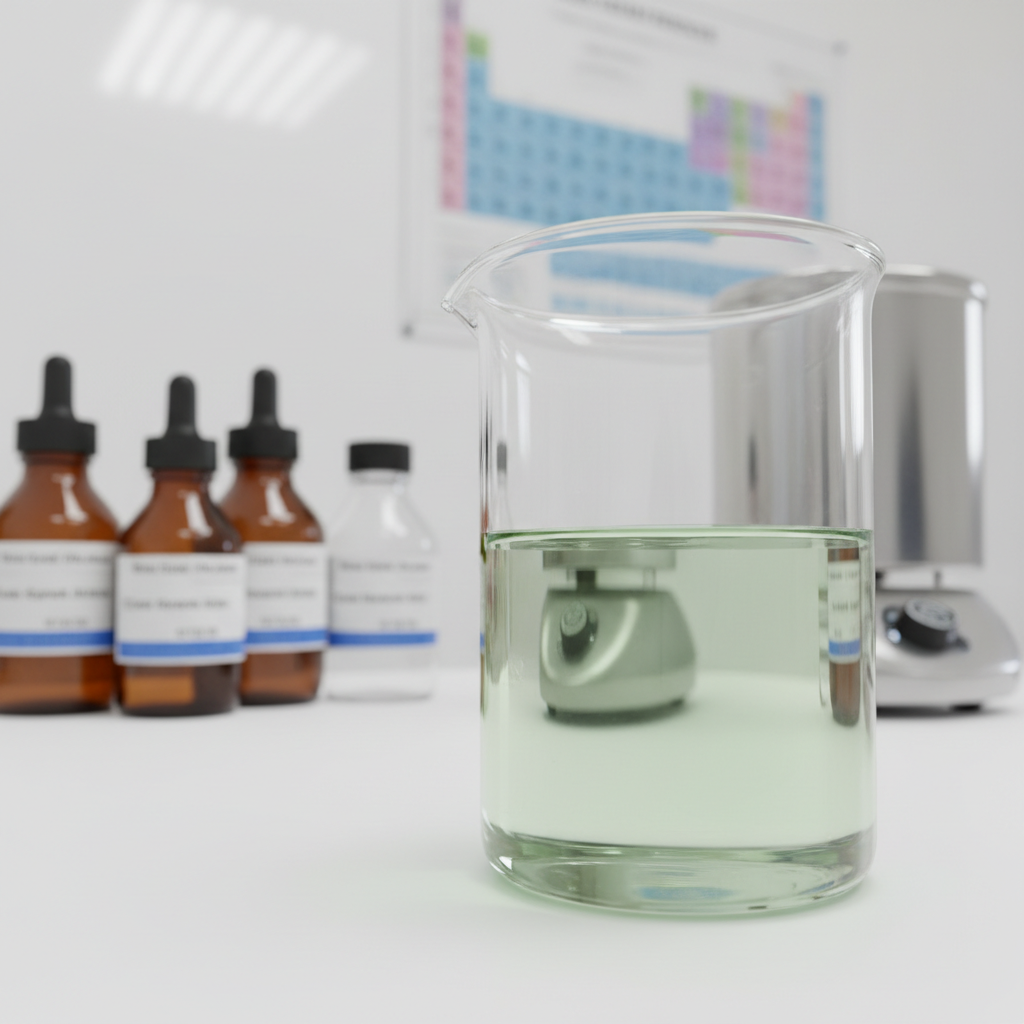 A glossy, transparent laboratory beaker filled with clear liquid fertilizer, tinted a faint green, positioned on a spotless white lab bench. Behind it, slightly out of focus, stand several labeled glass reagent bottles, a stainless-steel stirrer, and a blurred periodic table poster on the wall. Bright, diffused white LED lighting from above produces crisp reflections on the glass surfaces and subtle highlights on the liquid’s meniscus. Shot at a close, three-quarter angle with shallow depth of field, the image conveys a scientific, high-tech, and innovative mood, emphasizing R&D strength and quality assurance in liquid fertilizer production for global markets.